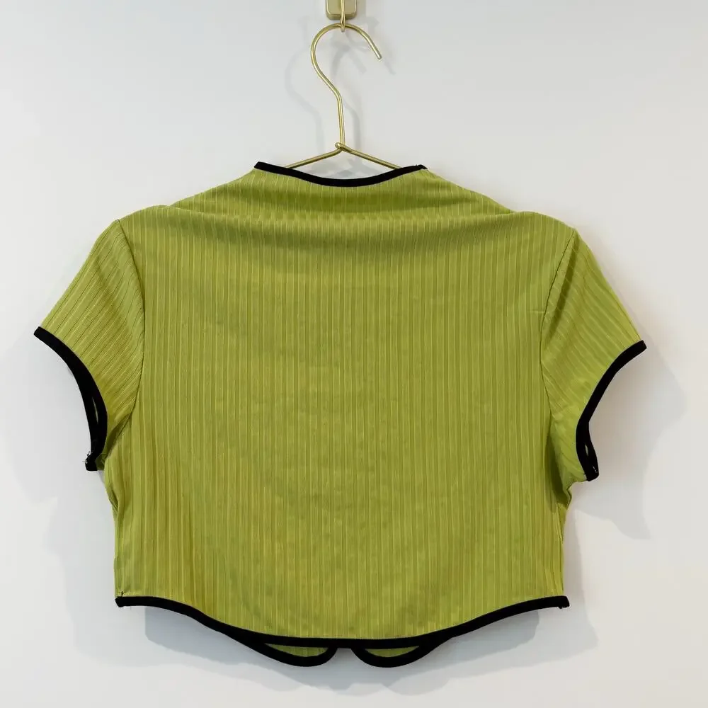 SHEIN Green Ribbed Crop Top S Mandarin Collar Contrast Trim - Picture 4 of 5